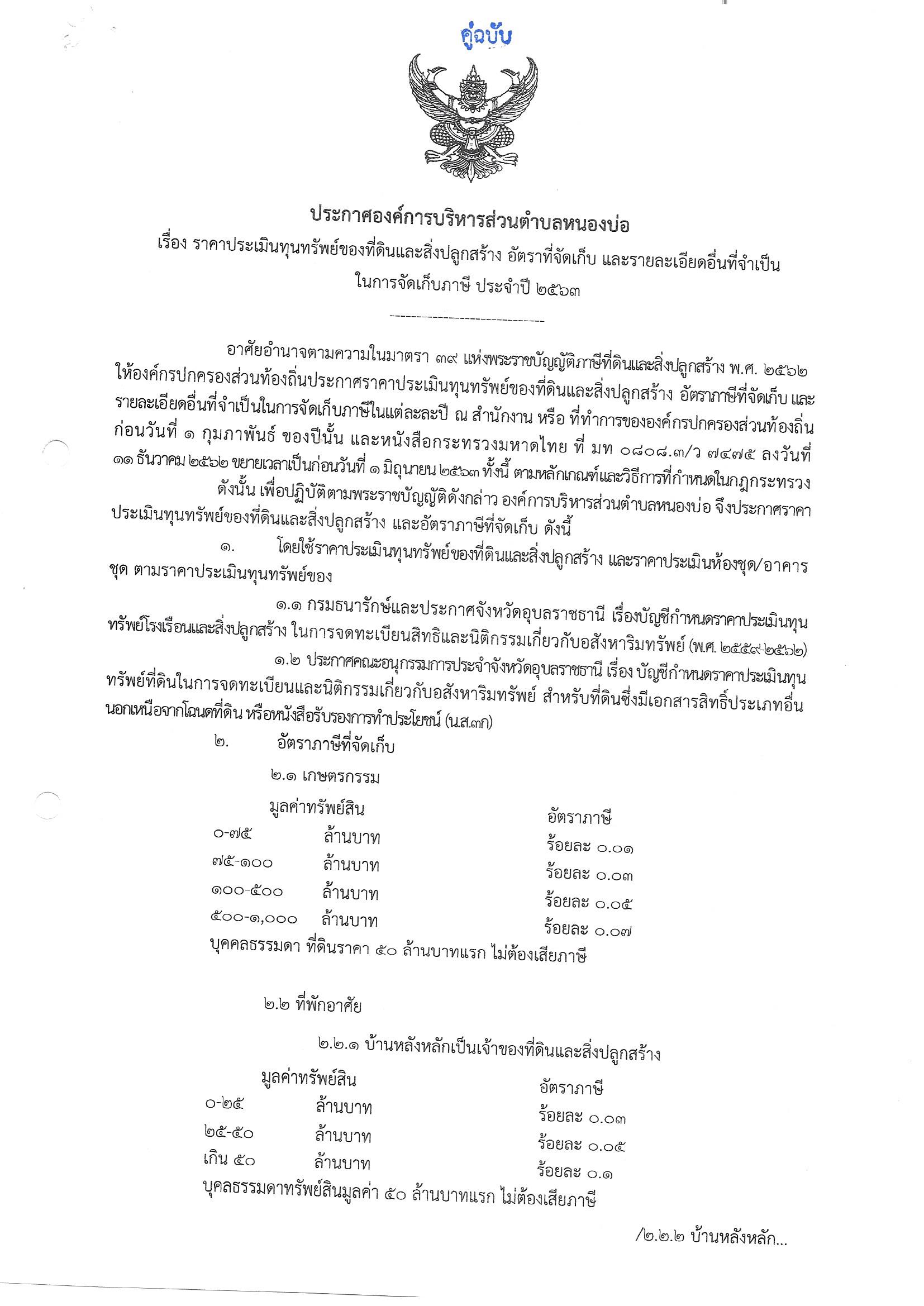 ประกาศราคาประเมินทุนทรัพย์ของที่ดิน สิ่งปลูกสร้าง อัตราภาษี (ภ.ด.ส.1)
